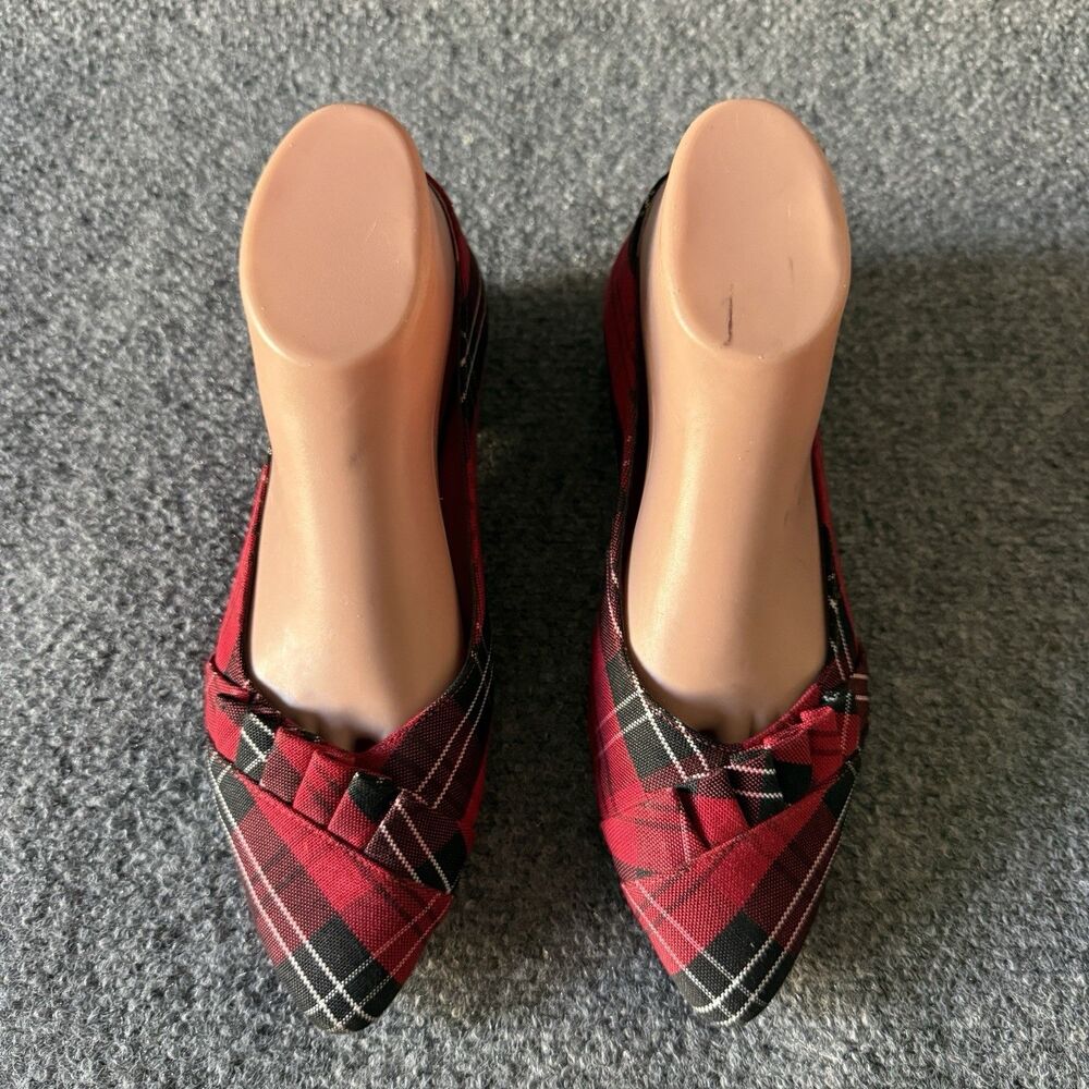 Talbots Edison Pleated Flats Women's Red Plaid Slip-On Bow Pointed Toe Shoe 7M